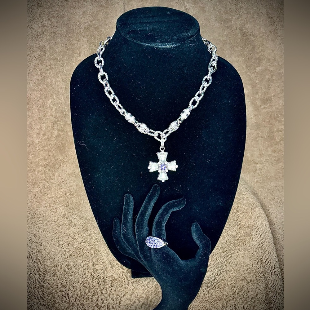Judith Ripka Sterling Necklace w/ Removable Cross Pendant + Ring item#0048